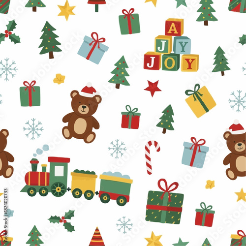 Playful kids’ Christmas toys pattern: teddy, train, blocks, handcrafted flat shapes on white background