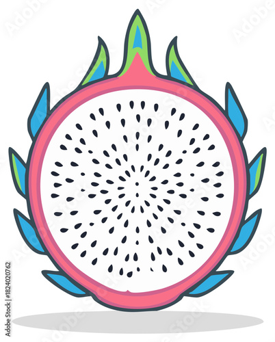 Sliced Dragon Fruit Illustration with Seeds and Colorful Skin