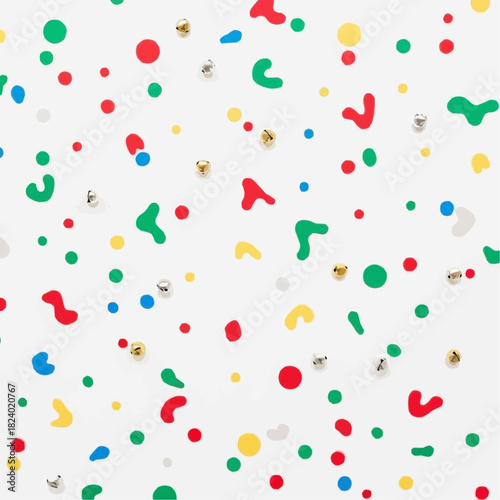 Festive confetti and tiny bell scatter pattern with handcrafted organic dots and shapes, flat colors, white
