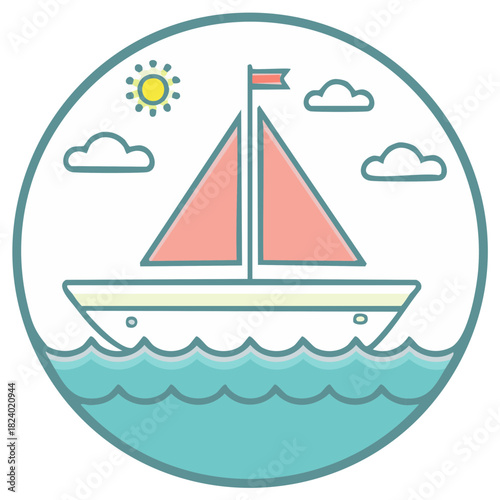 Cute Sailboat Sun and Waves in Circle Frame Watersport Sailing Icon Artwork