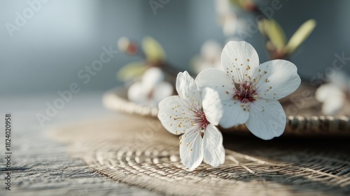 Soft focus image of delicate white blossoms on textured background surface