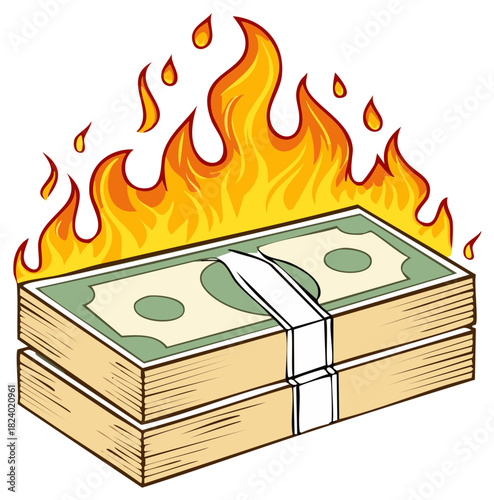 Stack of Money Bills Burning with Flames and Fire
