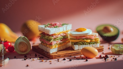Artistic vibrant still life featuring colorful sandwiches and fresh ingredients