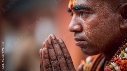 Devotee in contemplative prayer with vibrant face paint and floral garland