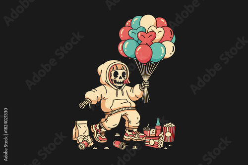 Skeleton character holding a bunch of colorful balloons and surr