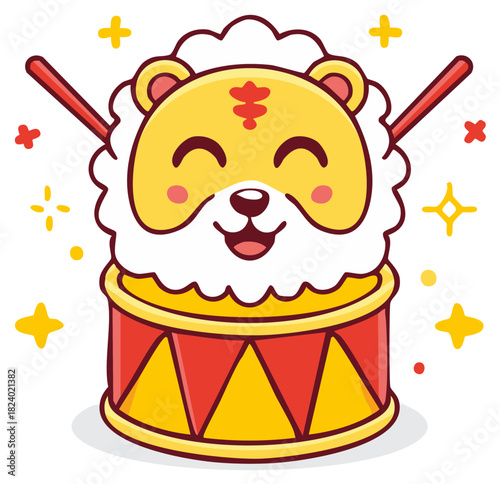 Joyful cartoon tiger character plays a festive drum with sparkling effects