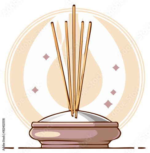 Vector illustration of traditional incense sticks in a censer for spiritual meditation and worship