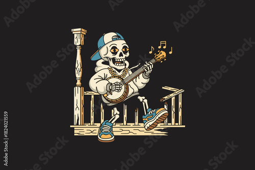 Skeleton Musician Playing Banjo on Porch.