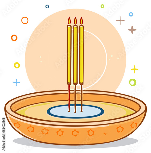 Three lit incense sticks stand in a decorative bowl filled with liquid and abstract shapes floating around