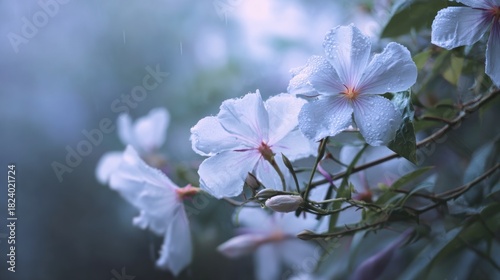 Delicate Petals: White Flowers Kissed by Rain in Soft Morning Light