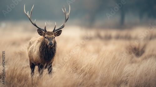 Majestic elk portrait in golden field during autumn, a captivating wildlife scene