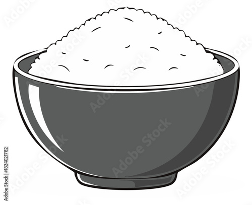 Simple monochrome line art drawing of a heaping bowl of steamed white rice, a staple food illustration