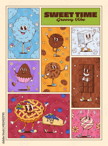 Sweets and dessert groovy characters posters, vector retro pastry and confectionery food. Cartoon groovy chocolate bar, fruit pie and cheesecake, cookie, lollipop and sugar characters, bakery posters