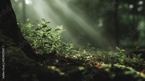 Sunlight streaming through lush undergrowth creating ethereal forest scene
