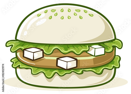 Cartoon tofu burger with lettuce in a steamed bao bun vector illustration