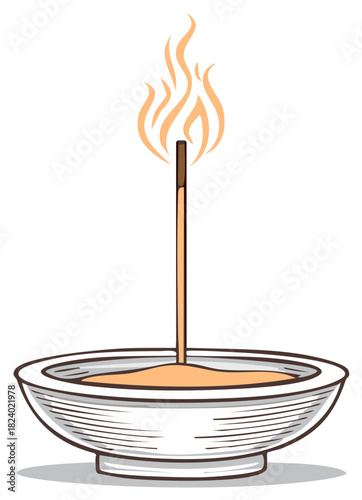 Burning incense stick in a bowl with a gentle flame and smoke wisps