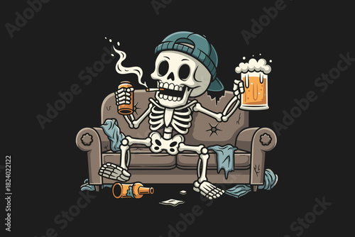 Skeleton chilling on couch with beer and cigarettes.