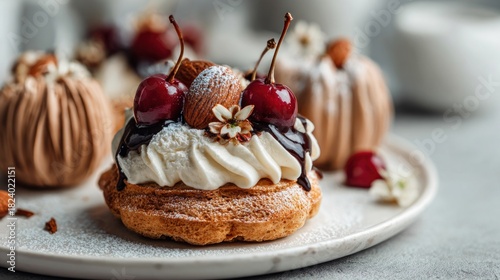 Delicate pastries, crafted with fluffy cream, cherries, almond, and chocolate