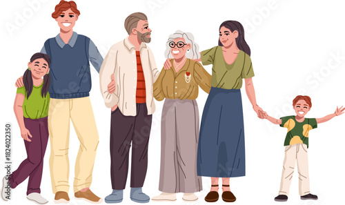 Happy family with kids, parents, and grandparents in casual clothing. The characters are smiling and holding hands, symbolizing happiness. Cartoon vector portrait of multicultural family