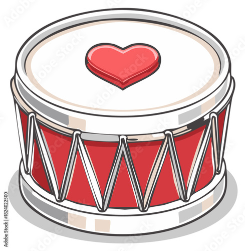 Heart-Shaped Drum Valentine Design, Festive Illustration with Red and White, Music Theme, Celebration
