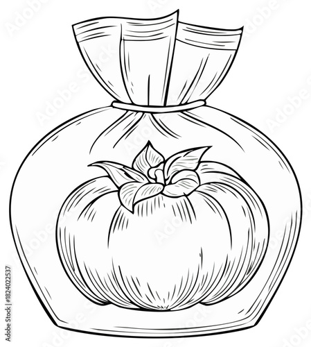 Line Drawing of a Ripe Tomato in a Clear Plastic Bag Tied at the Top