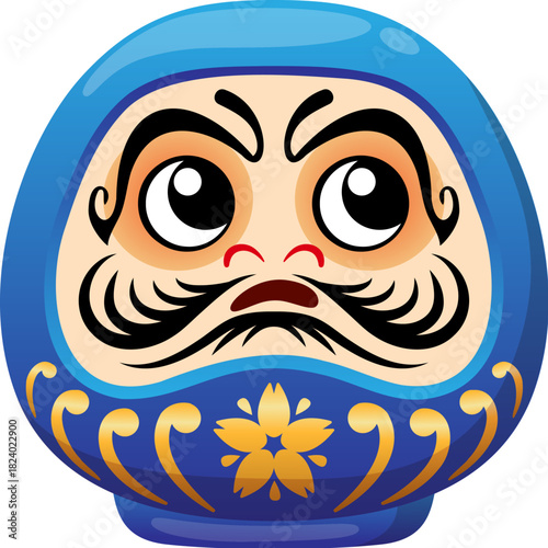 Cartoon Japanese surprised blue daruma toy. Asia luck symbol character, Japan traditional Bodhidharma face vector personage. Asian Daruma doll or Japanese culture samurai toy with shocked face