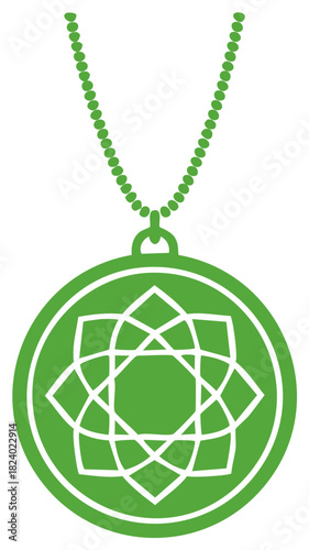 Green medallion with intricate geometric star pattern on a beaded chain necklace vector illustration