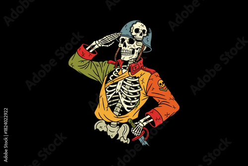 Skeleton soldier in uniform saluting with skull on helmet.