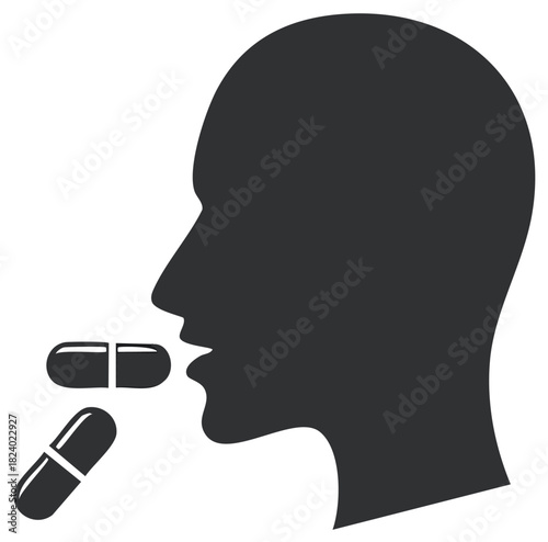 Human head silhouette taking a medicine capsule for health treatment and medical care concept
