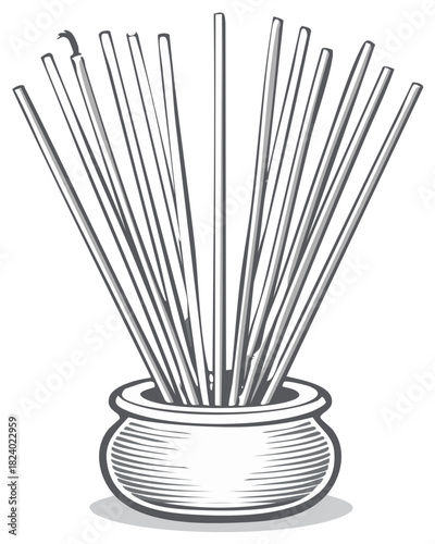 A bundle of uncooked spaghetti pasta in a pot vintage engraving style illustration