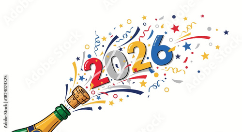 Popping champagne to celebrate 2026 New Year with confetti and stars