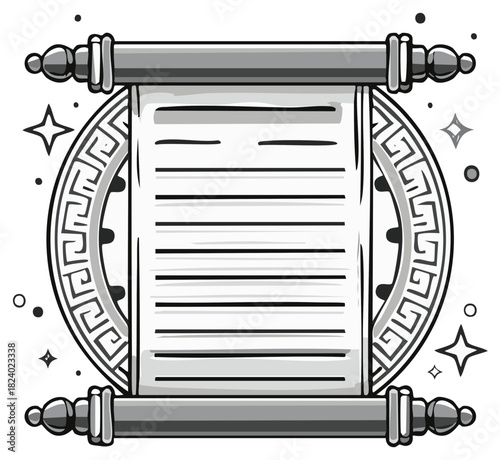 Ancient Scroll with Greek Meander Pattern and Stars in Monochrome