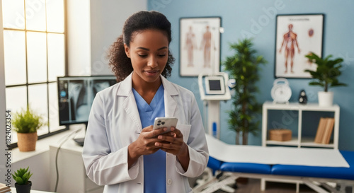 Confident doctor using smartphone in modern practice for patient care, telemedicine applications, and healthcare technology solutions in a bright office