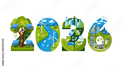 Sustainable 2026 vision with clean energy and recycling for a greener future