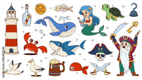 Cartoon groovy pirate and mermaid characters, corsair objects and sea animals. Vector retro groovy pirate captain, treasure map and gold coin, corsair sailor skull, sword, gun, hat and bandana