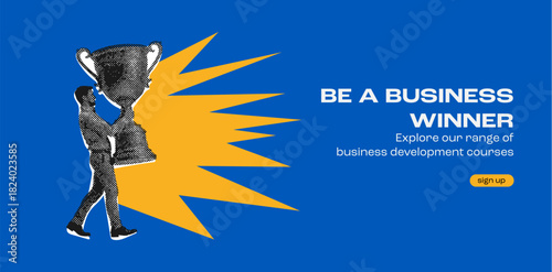 Stylized halftone graphic of a business winner holding a large trophy cup representing success