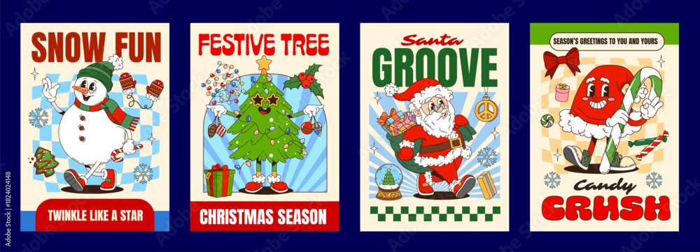 Obraz premium Christmas winter groovy hippie characters vintage xmas posters. Vector retro holiday cartoon snowman, Christmas tree and Santa hat y2k mascots, surrounded by seasonal gifts, snowflakes and lights