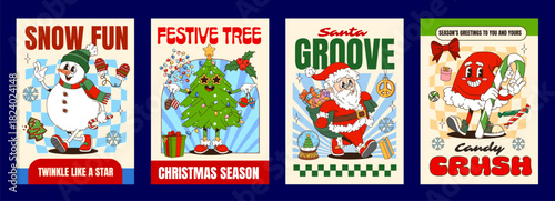 Christmas winter groovy hippie characters vintage xmas posters. Vector retro holiday cartoon snowman, Christmas tree and Santa hat y2k mascots, surrounded by seasonal gifts, snowflakes and lights