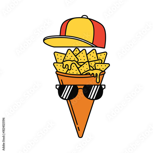 Nacho Chip Character with Melted Cheese, Cap, and Sunglasses. Summer Food Vector Art.eps