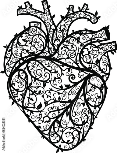 Highly detailed black-and-white floral mandala heart with fine linework and ornamental symmetry.