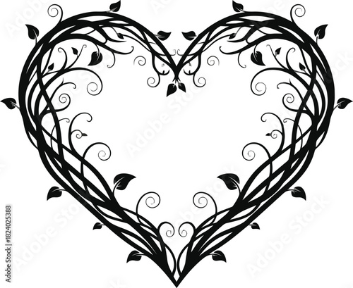 Detailed floral heart shape vector with elegant swirls, curls, and ornamental leaves, perfect for wedding or romantic themes.