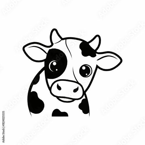 Cute black and white cartoon cow head illustration.