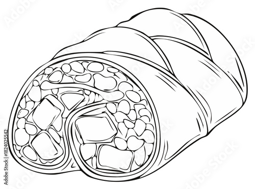 Single monochrome burrito illustration with rice beans and cube fillings in linear style