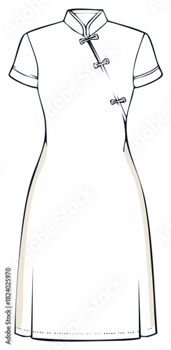 Elegant Cheongsam Dress Illustration in White with Black Outlines, Classic Chinese Design
