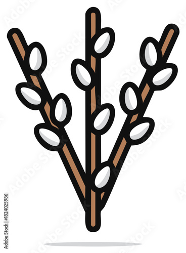 Pussy Willow Twigs with White Buds in an Icon Style Springtime Nature Element