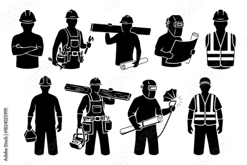 Diverse Construction Workers Silhouettes for Skilled Trades and Labor