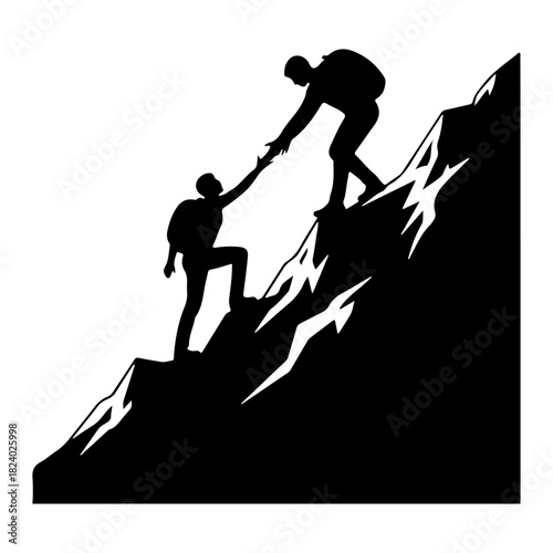 Two hikers help each other climb a steep mountain, symbolizing teamwork, support, and overcoming challenges together