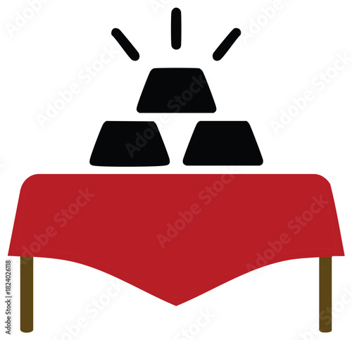 Stack of Black Gold Bars Illuminated on a Red Tablecloth-Draped Table