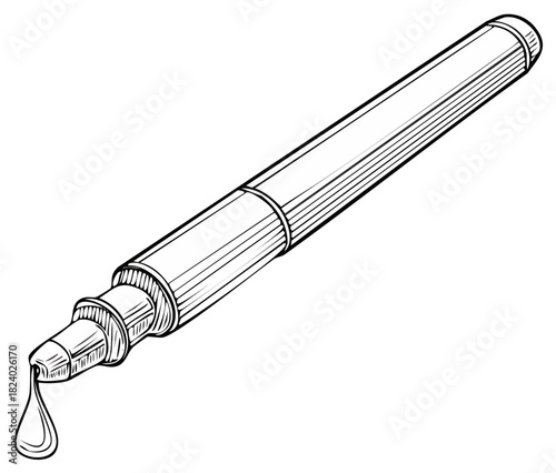 Artistic monochrome drawing of a fluid applicator pen with a droplet falling from its tip