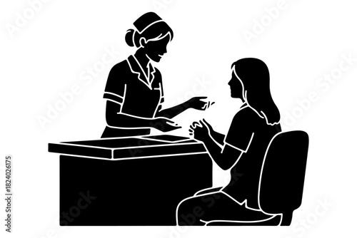 Silhouette illustration of a medical professional providing consultation to a patient at a clinic reception desk